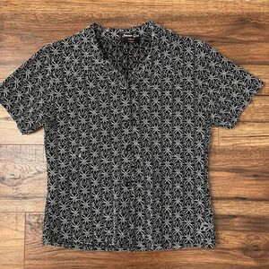 Vintage Y2K Black White Semi Sheer Crochet Short Sleeve Top Women Small Boho